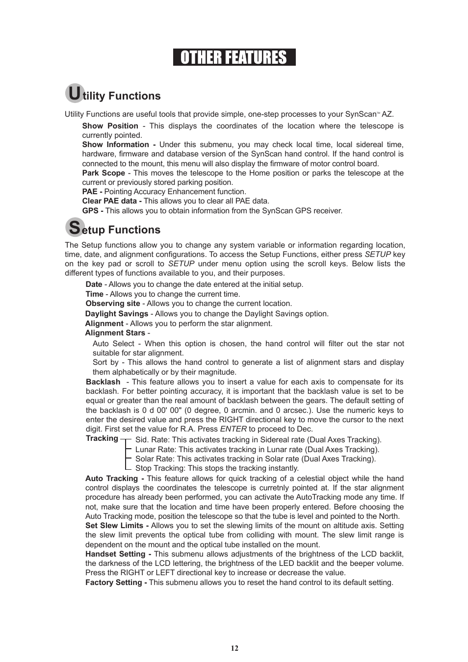 Tility functions, Etup functions | Sky-Watcher AZ114 MOUNT User Manual | Page 12 / 22
