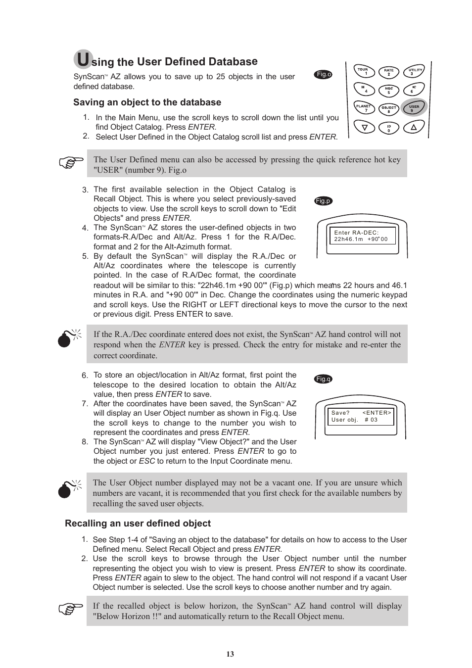 Sing the user defined database, Recalling an user defined object, Saving an object to the database | Sky-Watcher AZ114 MOUNT User Manual | Page 13 / 22
