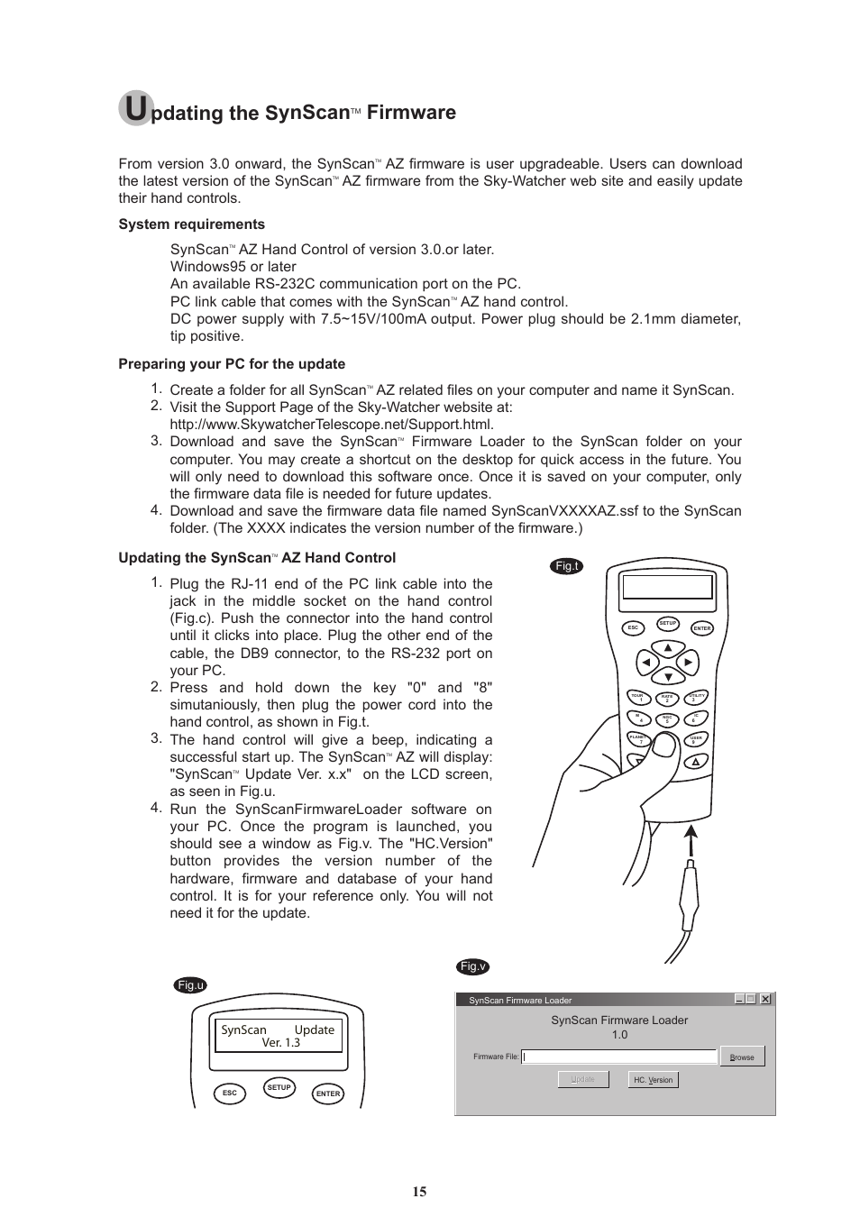Pdating the synscan, Firmware, Synscan | Az will display: "synscan, Az hand control | Sky-Watcher AZ114 MOUNT User Manual | Page 15 / 22