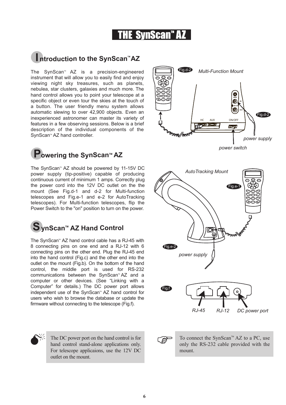 Ntroduction to the synscan, Owering the synscan, Ynscan | Az hand control, The synscan, Az hand controller. the synscan, Rj-45 rj-12 dc power port, Power supply | Sky-Watcher AZ114 MOUNT User Manual | Page 6 / 22