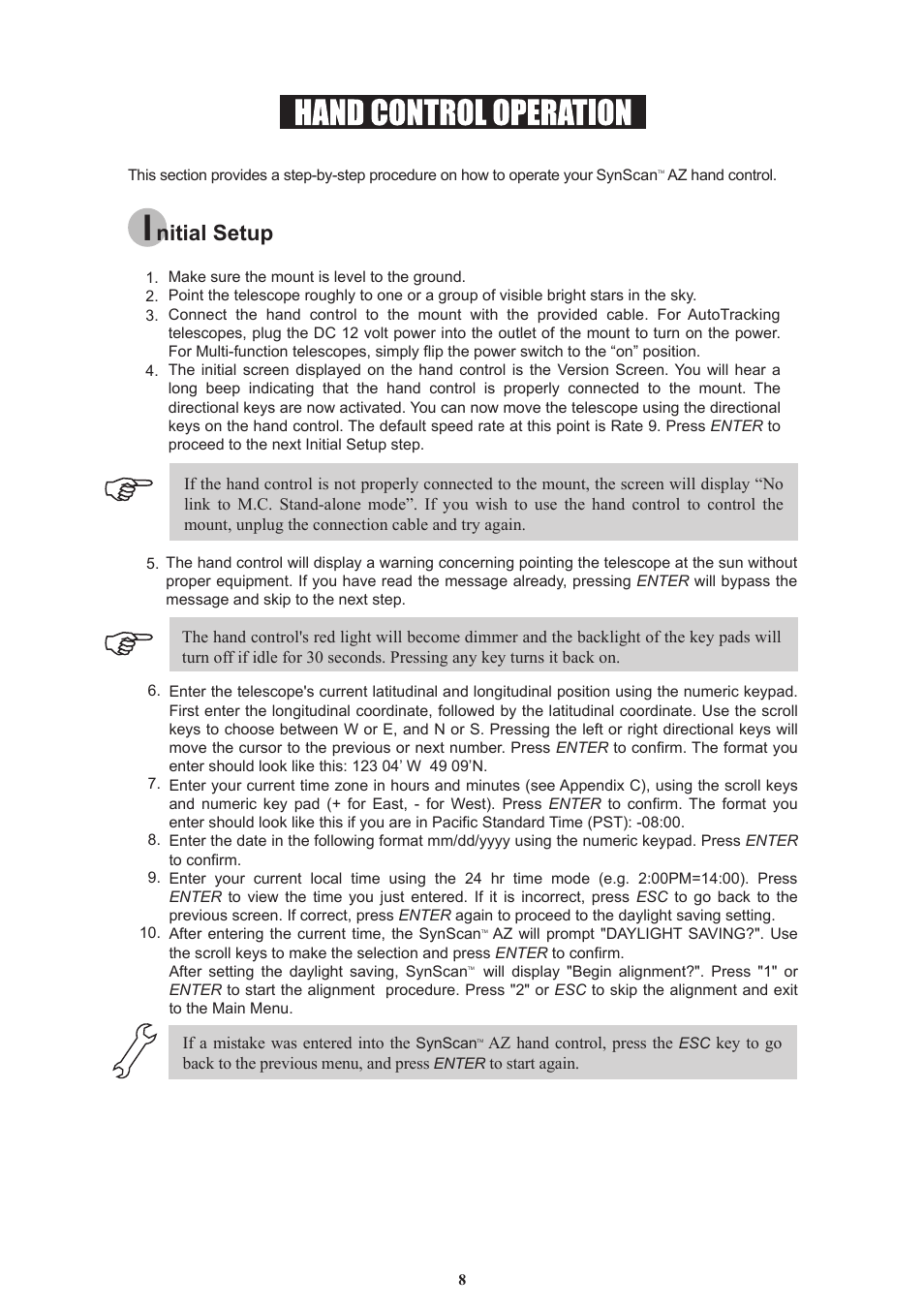 Nitial setup | Sky-Watcher AZ114 MOUNT User Manual | Page 8 / 22
