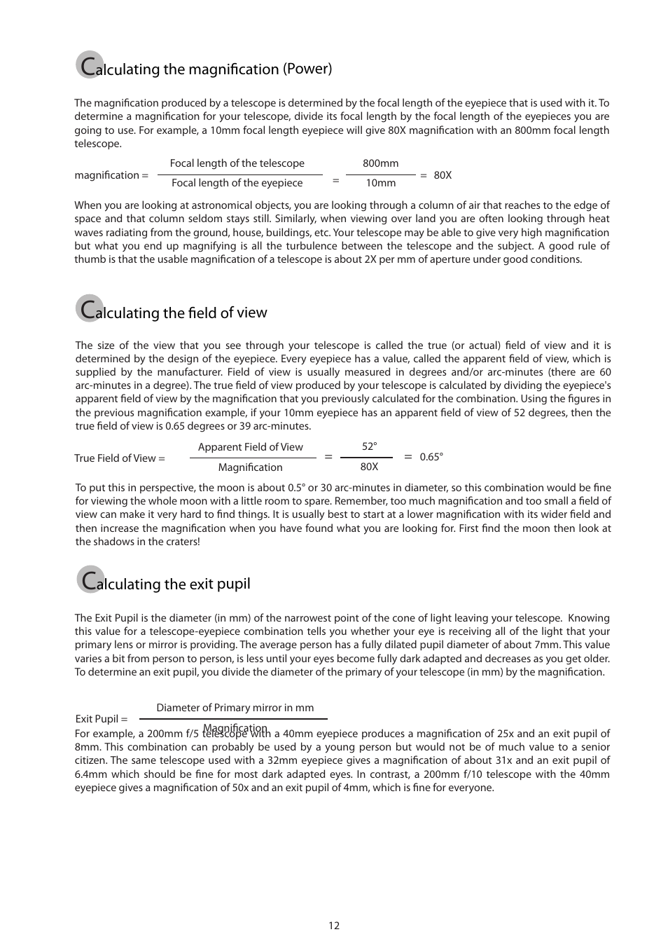 12_english, Alculating the field of view, Alculating the exit pupil | Alculating the magnification (power) | Sky-Watcher AZ3 MOUNT User Manual | Page 12 / 16