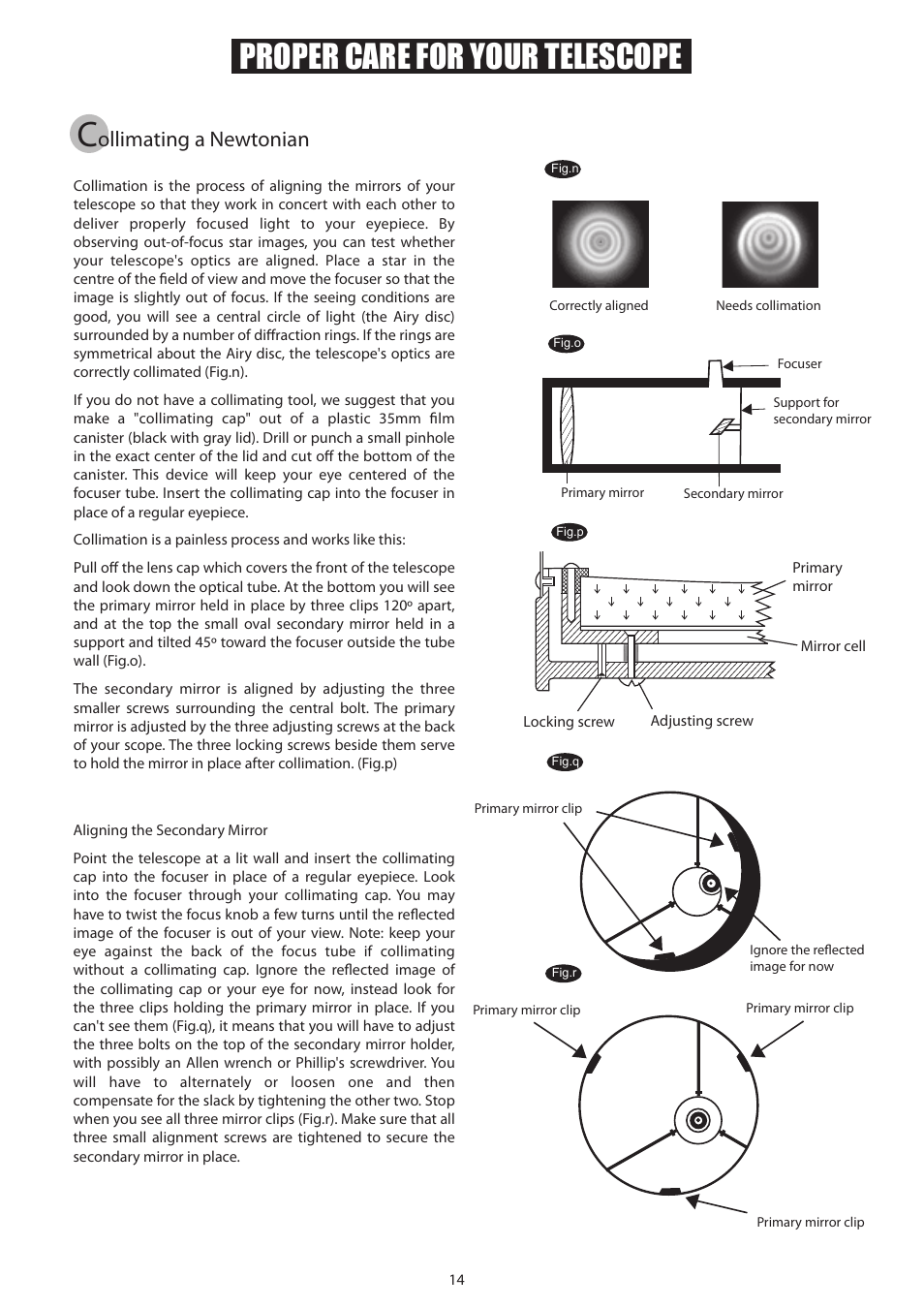14_english, Proper care for your telescope, Ollimating a newtonian | Sky-Watcher AZ3 MOUNT User Manual | Page 14 / 16