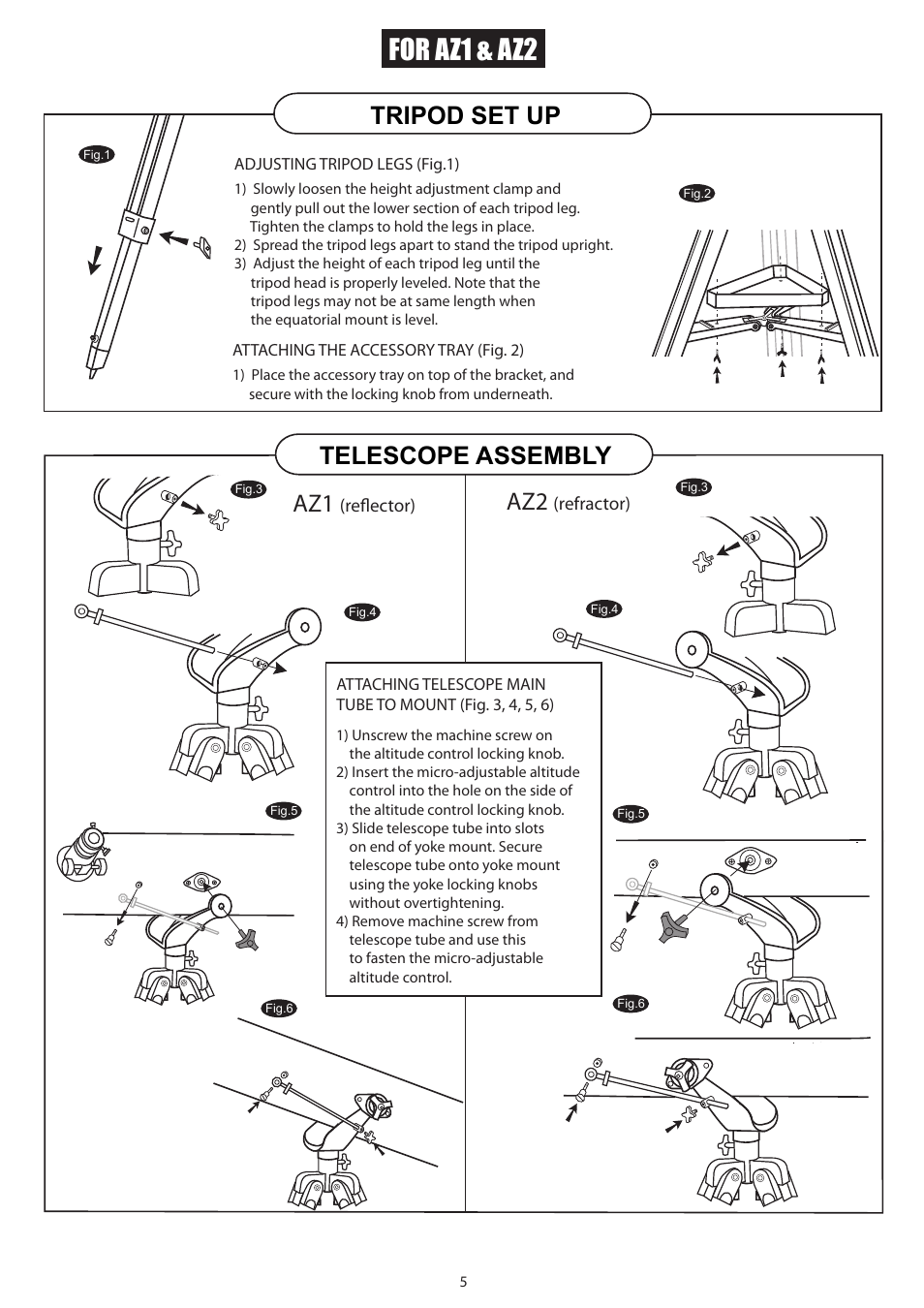 5new_english, For az1 & az2, Tripod set up telescope assembly | Sky-Watcher AZ3 MOUNT User Manual | Page 5 / 16