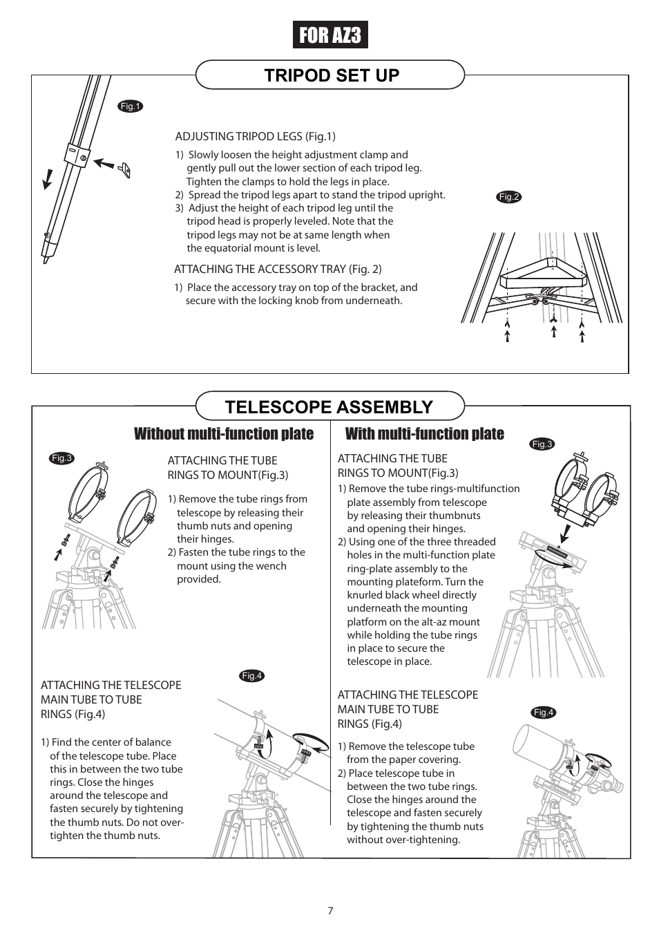 7new_english, For az3, Tripod set up telescope assembly | Sky-Watcher AZ3 MOUNT User Manual | Page 7 / 16