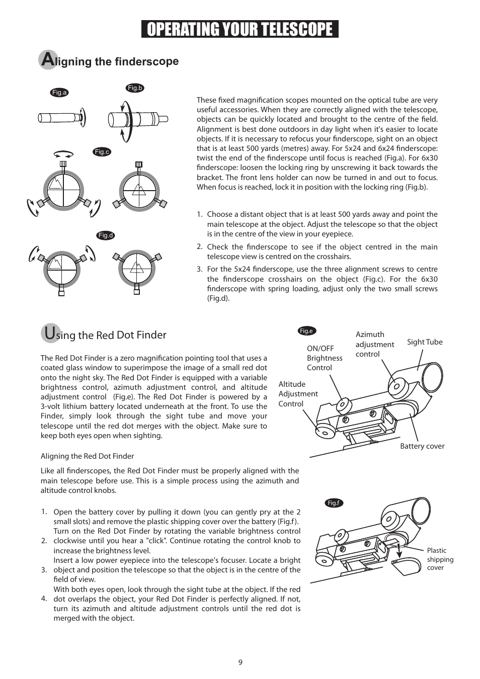9new_english, Operating your telescope, Ligning the finderscope | Sing the red dot finder | Sky-Watcher AZ3 MOUNT User Manual | Page 9 / 16