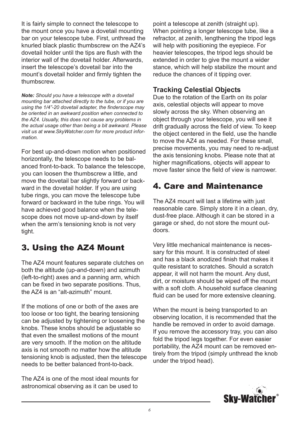 Using the az4 mount, Care and maintenance | Sky-Watcher AZ4 MOUNT User Manual | Page 6 / 7