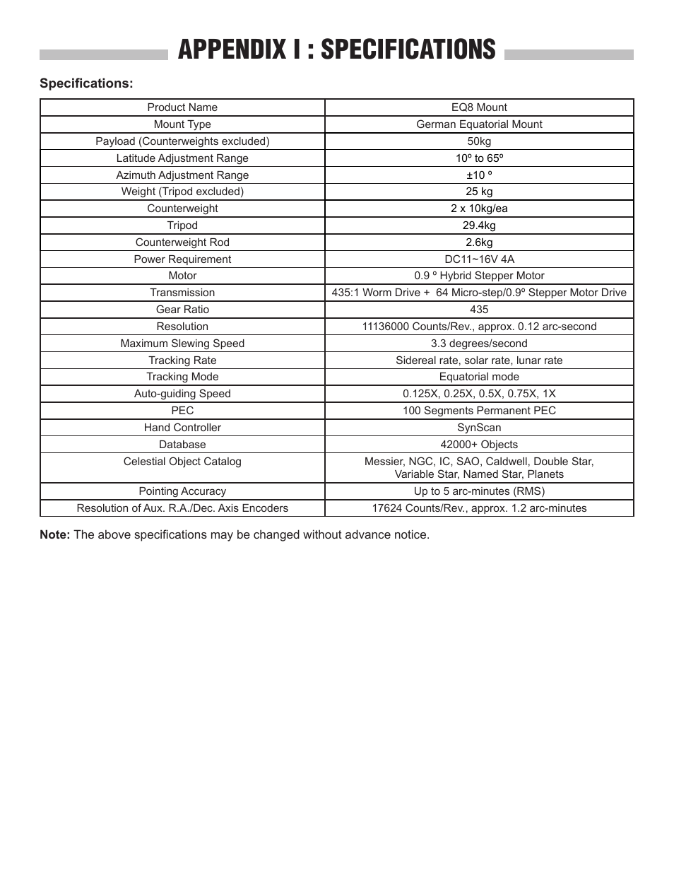 Appendix i : specifications | Sky-Watcher EQ8 User Manual | Page 18 / 20