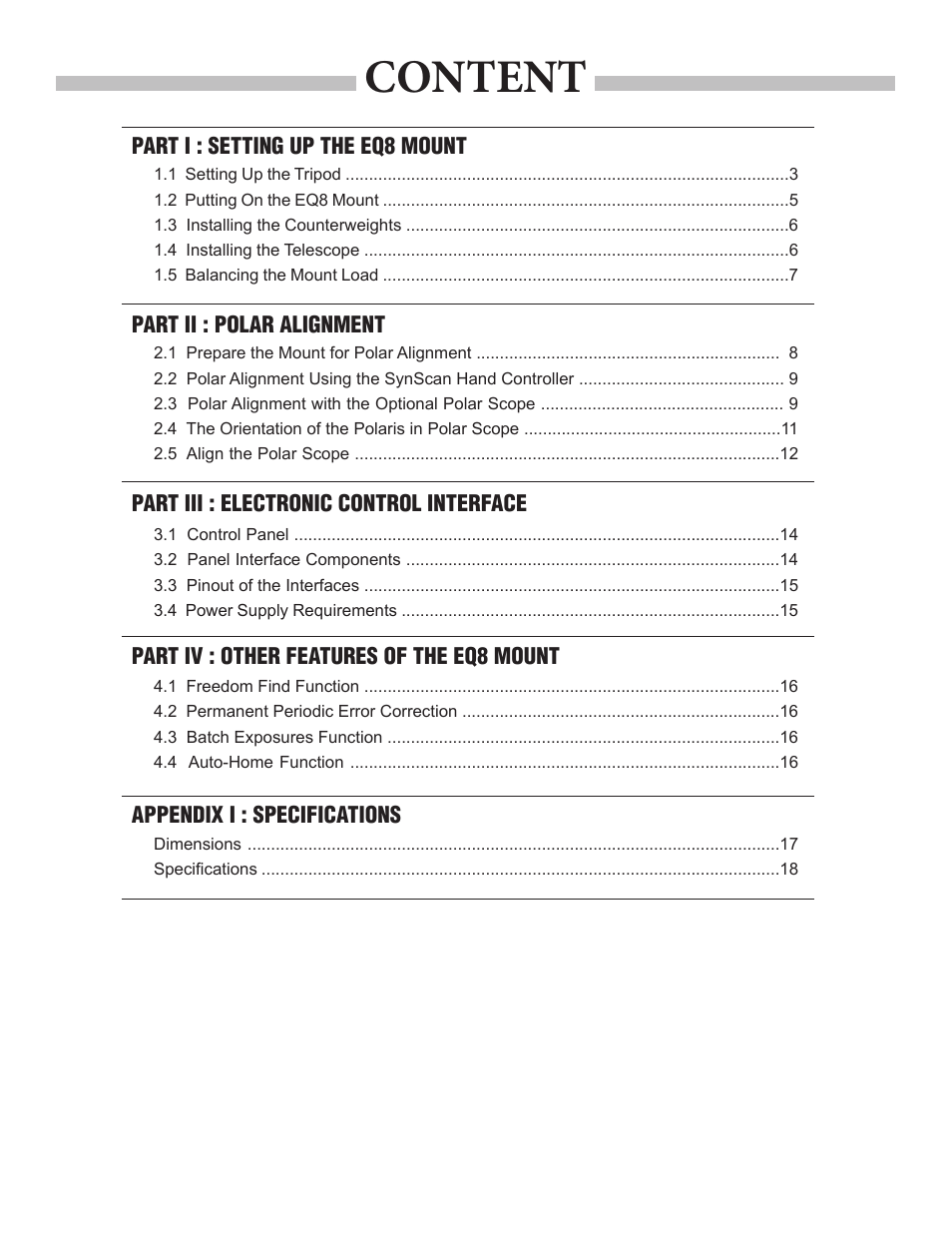 Content | Sky-Watcher EQ8 User Manual | Page 2 / 20