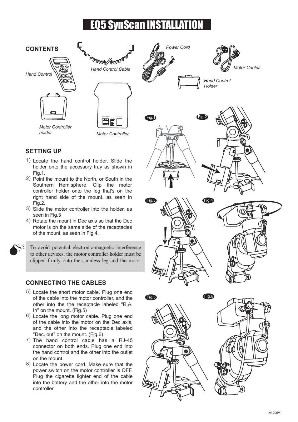 Eq5 synscan installation, Setting up contents connecting the cables | Sky-Watcher EQ5GOTO MOUNT User Manual | Page 28 / 51