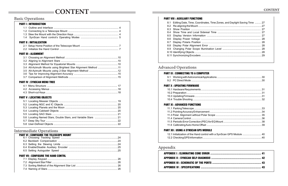 Content, Basic operations intermediate operations, Advanced operations appendix | Sky-Watcher EQ5GOTO MOUNT User Manual | Page 30 / 51