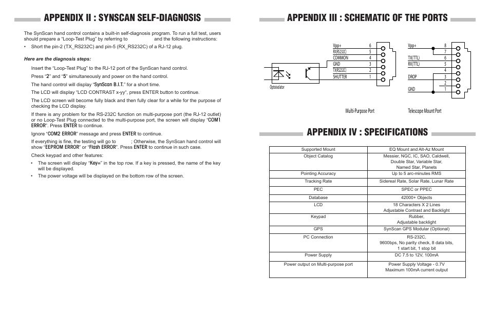 Appendix ii : synscan self-diagnosis, Telescope mount port, Multi-purpose port | Sky-Watcher EQ5GOTO MOUNT User Manual | Page 50 / 51