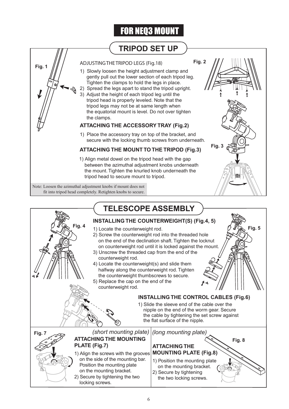 Neq3 new_english, For neq3 mount, Tripod set up telescope assembly | Sky-Watcher EQ5GOTO MOUNT User Manual | Page 6 / 51