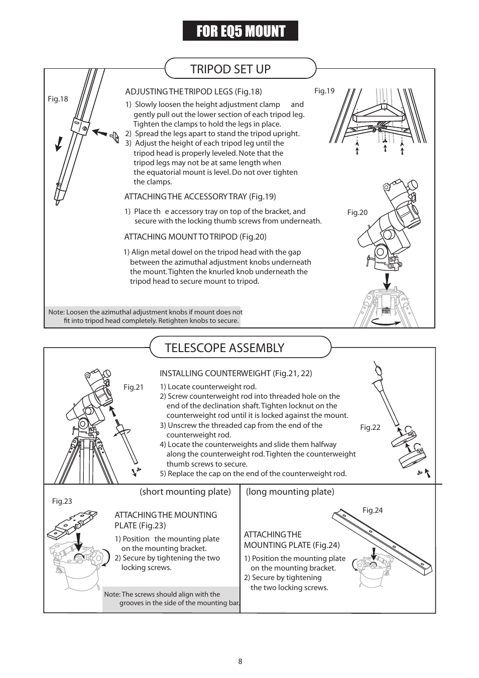 Neq3 new_english, For eq5 mount, Tripod set up telescope assembly | Sky-Watcher EQ5GOTO MOUNT User Manual | Page 8 / 51