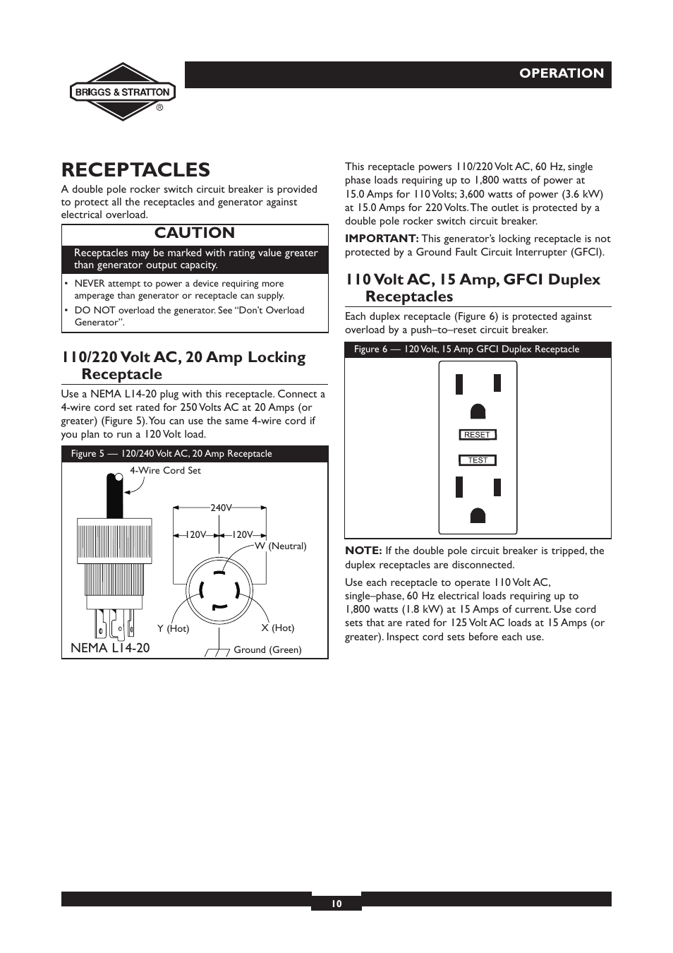 Receptacles, Caution | Briggs & Stratton 30231 User Manual | Page 10 / 16
