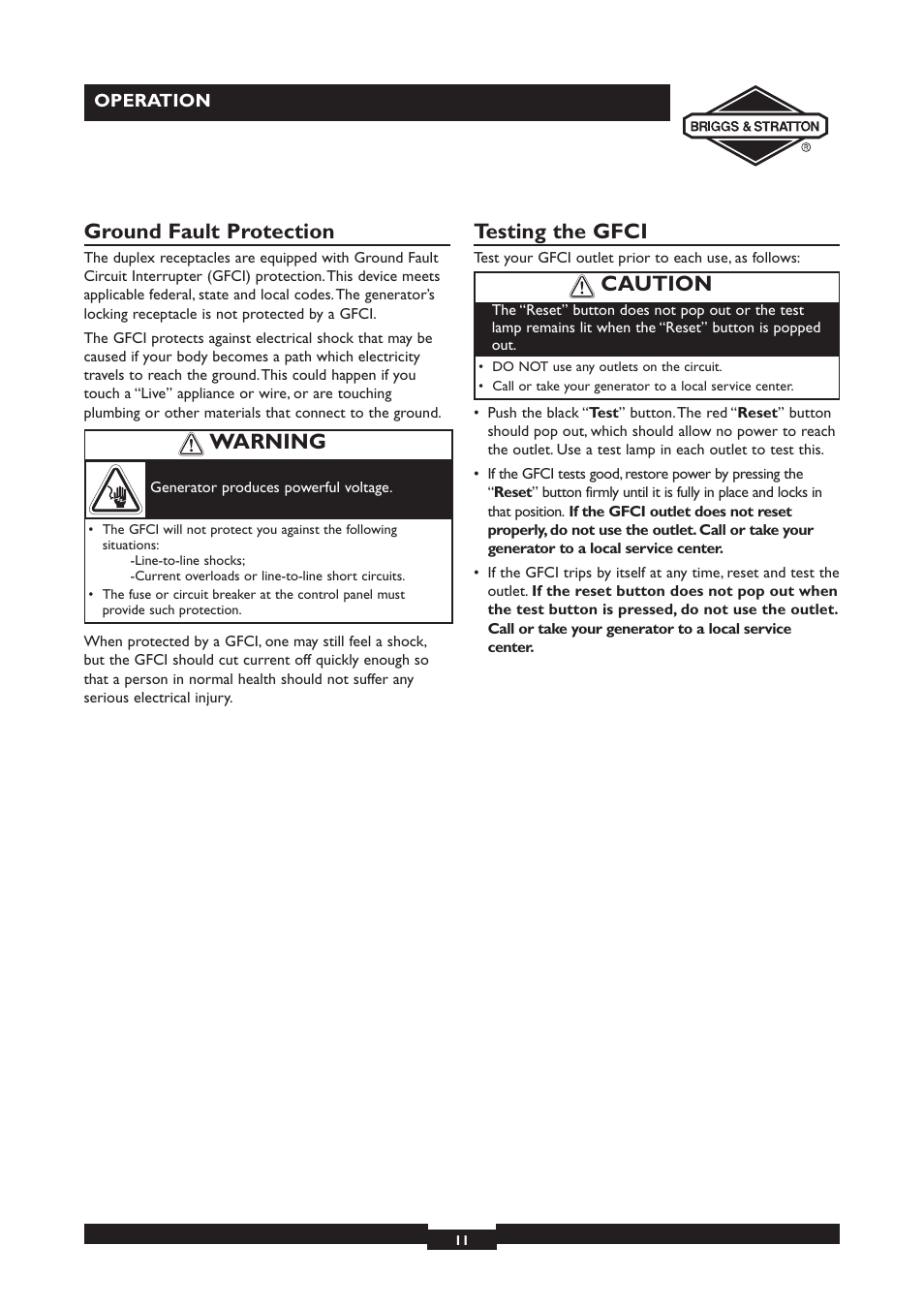 Ground fault protection, Testing the gfci, Warning | Caution | Briggs & Stratton 30231 User Manual | Page 11 / 16
