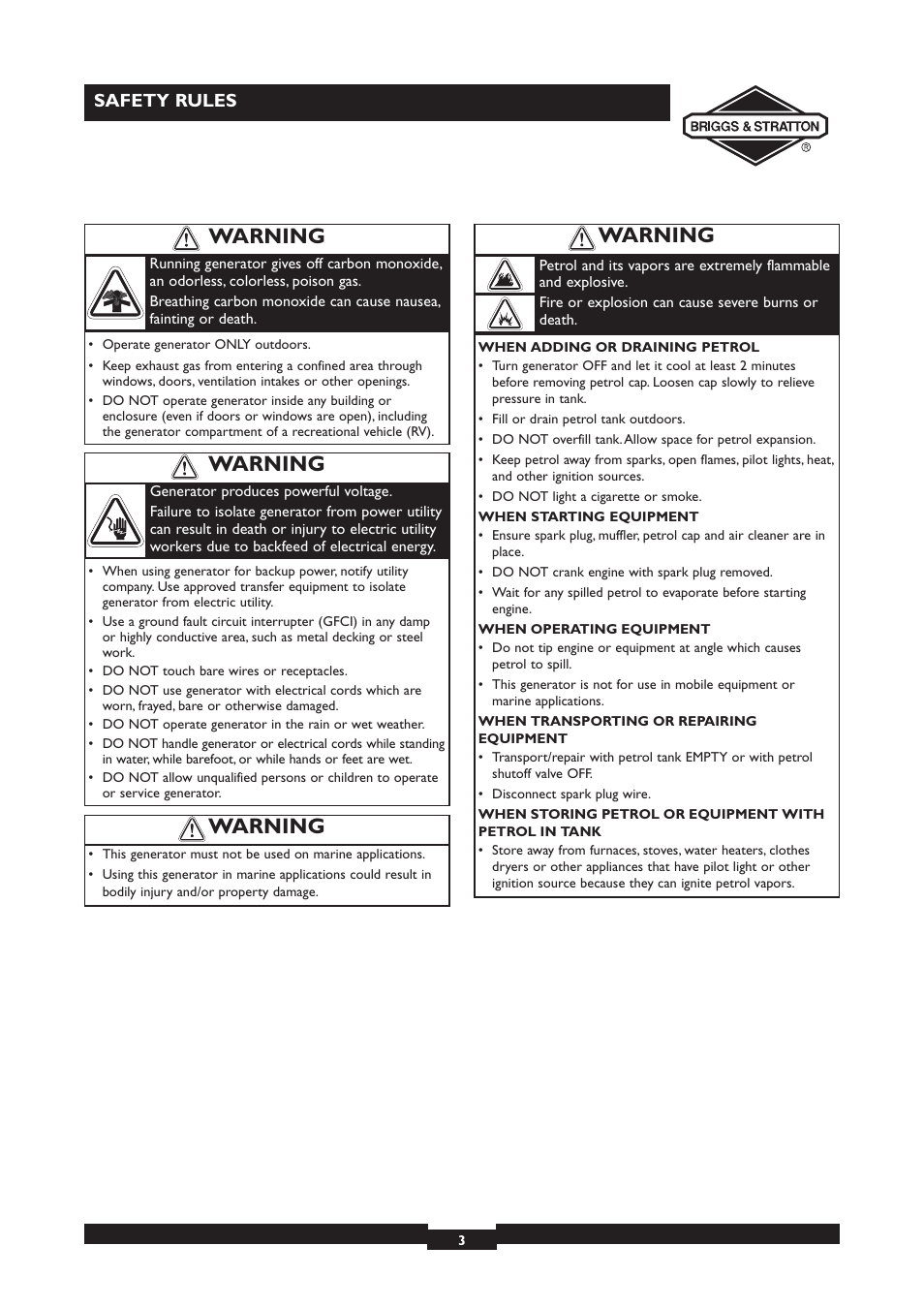 Warning, Safety rules | Briggs & Stratton 30231 User Manual | Page 3 / 16