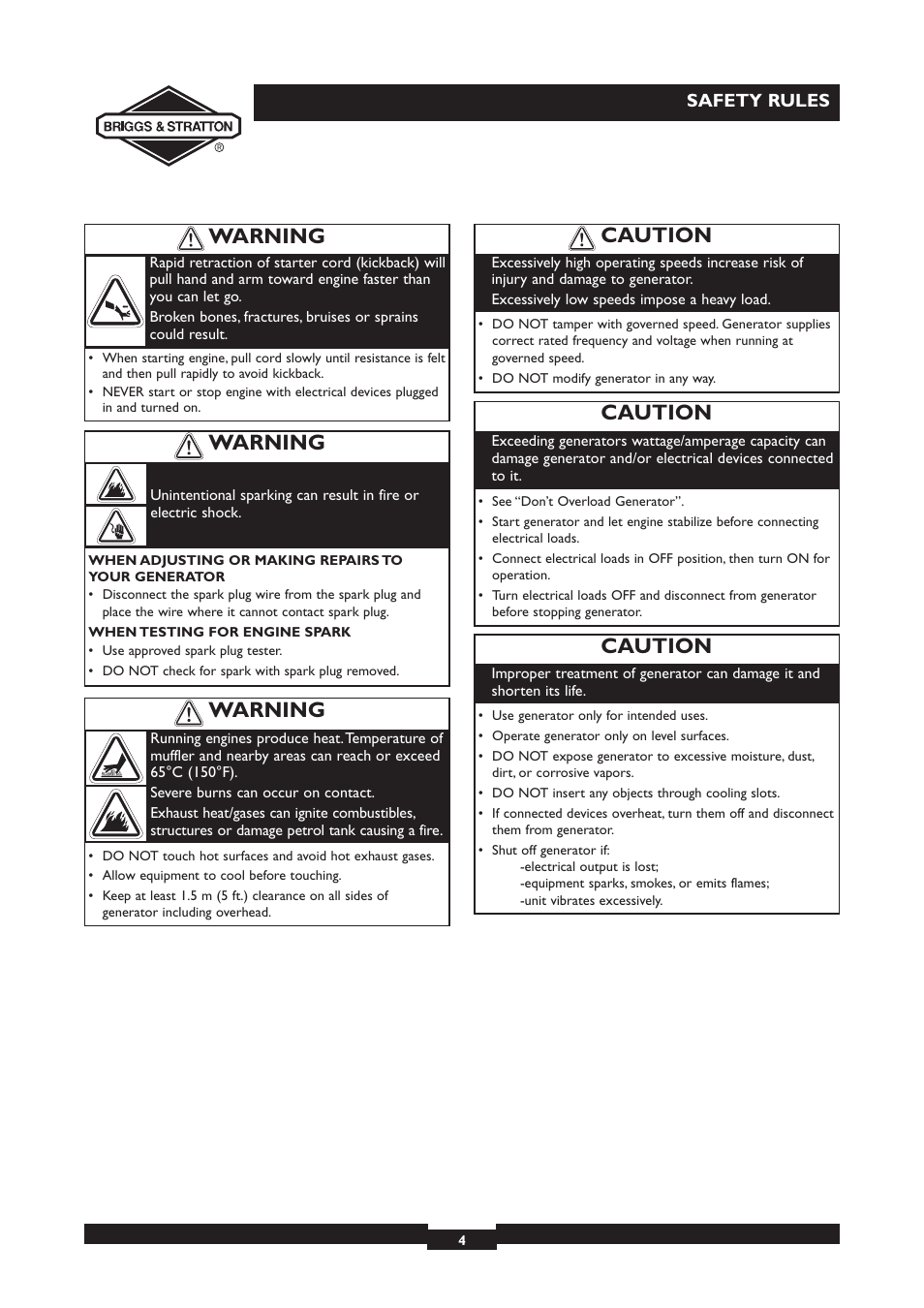 Warning, Caution, Safety rules | Briggs & Stratton 30231 User Manual | Page 4 / 16