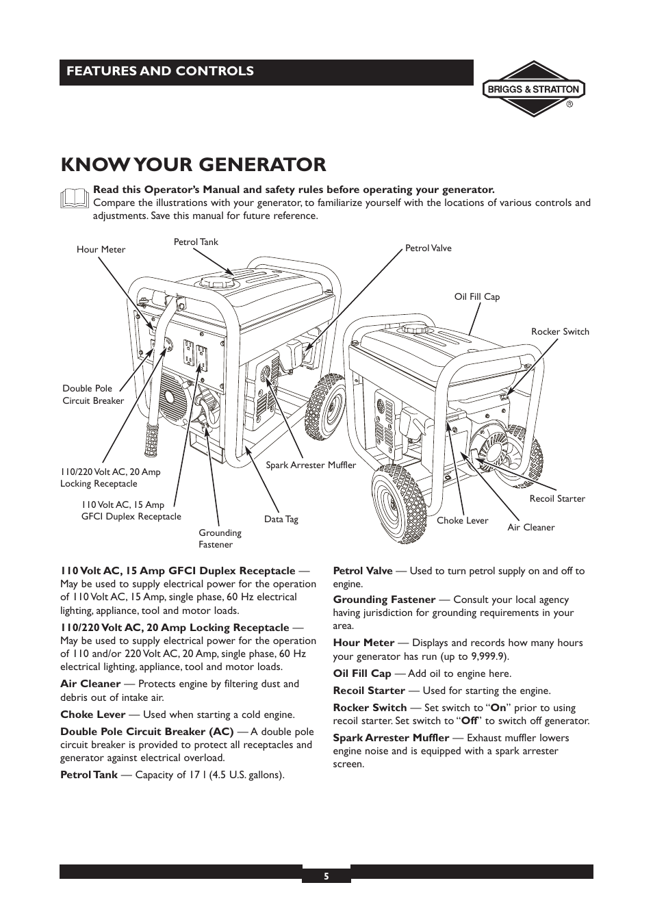 Know your generator, Features and controls | Briggs & Stratton 30231 User Manual | Page 5 / 16