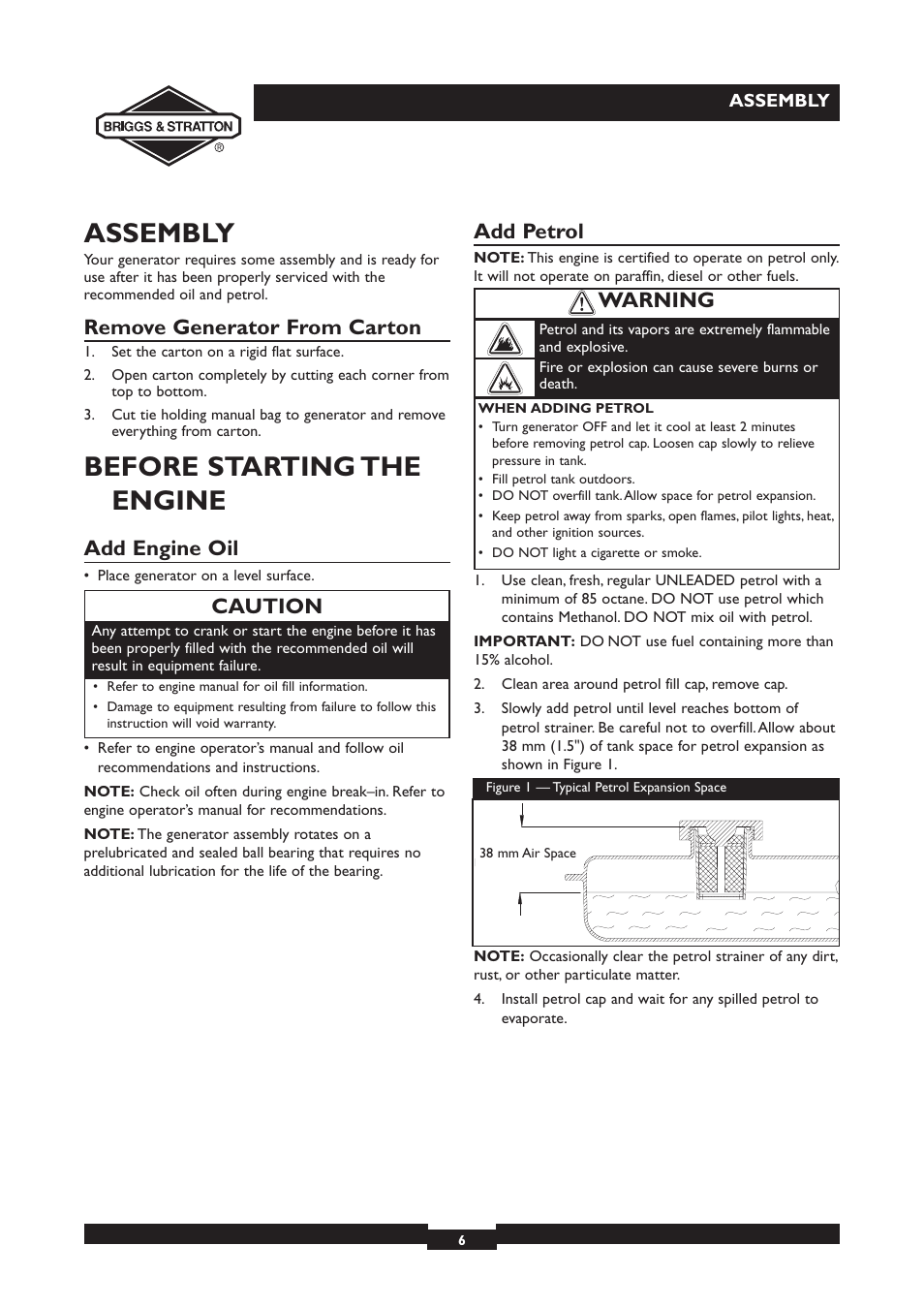 Assembly, Before starting the engine, Remove generator from carton | Add engine oil, Add petrol, Caution, Warning | Briggs & Stratton 30231 User Manual | Page 6 / 16
