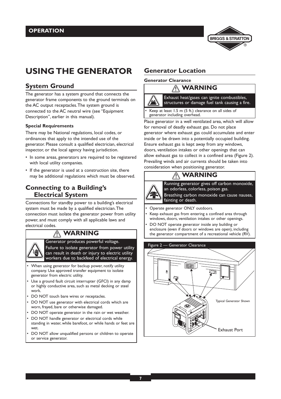Using the generator, System ground, Connecting to a building’s electrical system | Generator location, Warning | Briggs & Stratton 30231 User Manual | Page 7 / 16