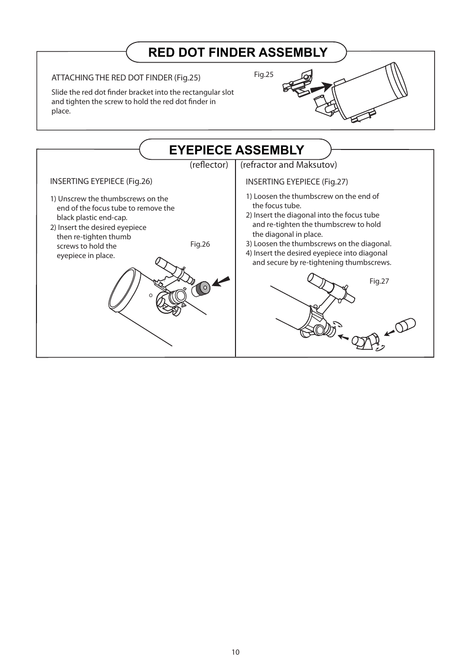 10_english, Eyepiece assembly, Red dot finder assembly | Sky-Watcher EQ2 MOUNT User Manual | Page 10 / 24