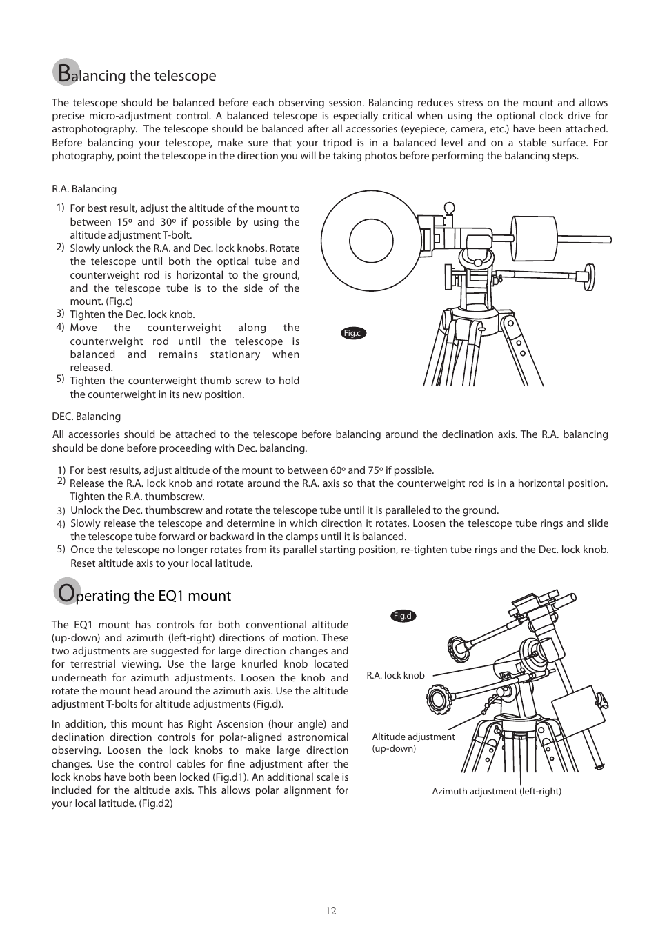 12_english, Alancing the telescope, Perating the eq1 mount | Sky-Watcher EQ2 MOUNT User Manual | Page 12 / 24