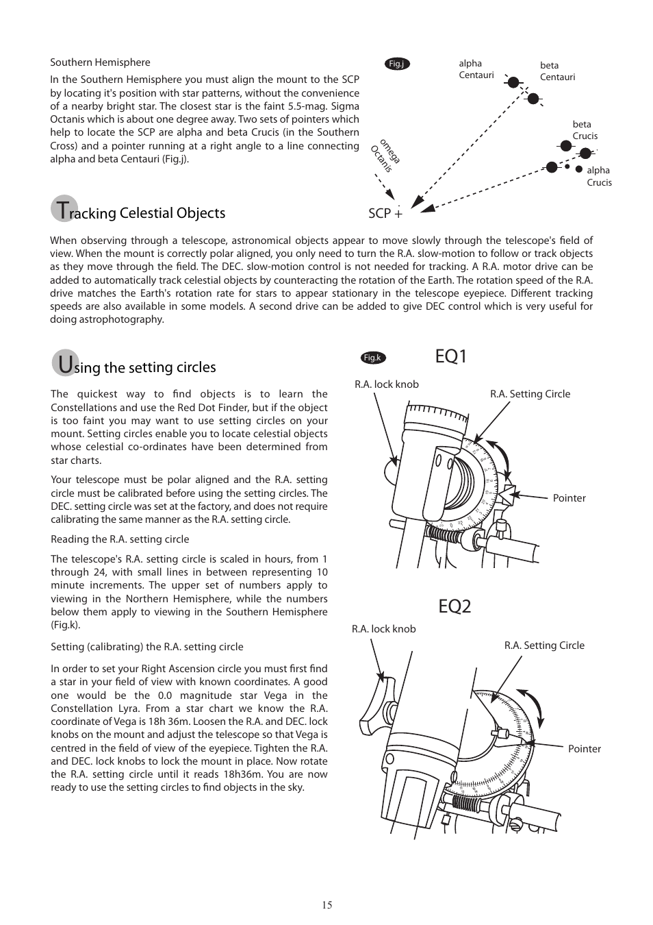 15_english, Sing the setting circles, Racking celestial objects | Pointer r.a. setting circle r.a. lock knob | Sky-Watcher EQ2 MOUNT User Manual | Page 15 / 24