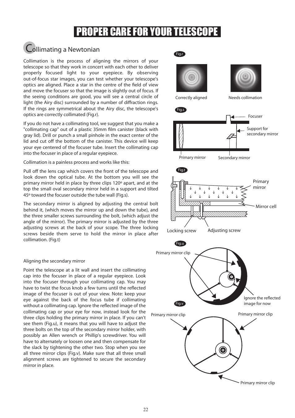22_english, Proper care for your telescope, Ollimating a newtonian | Sky-Watcher EQ2 MOUNT User Manual | Page 22 / 24