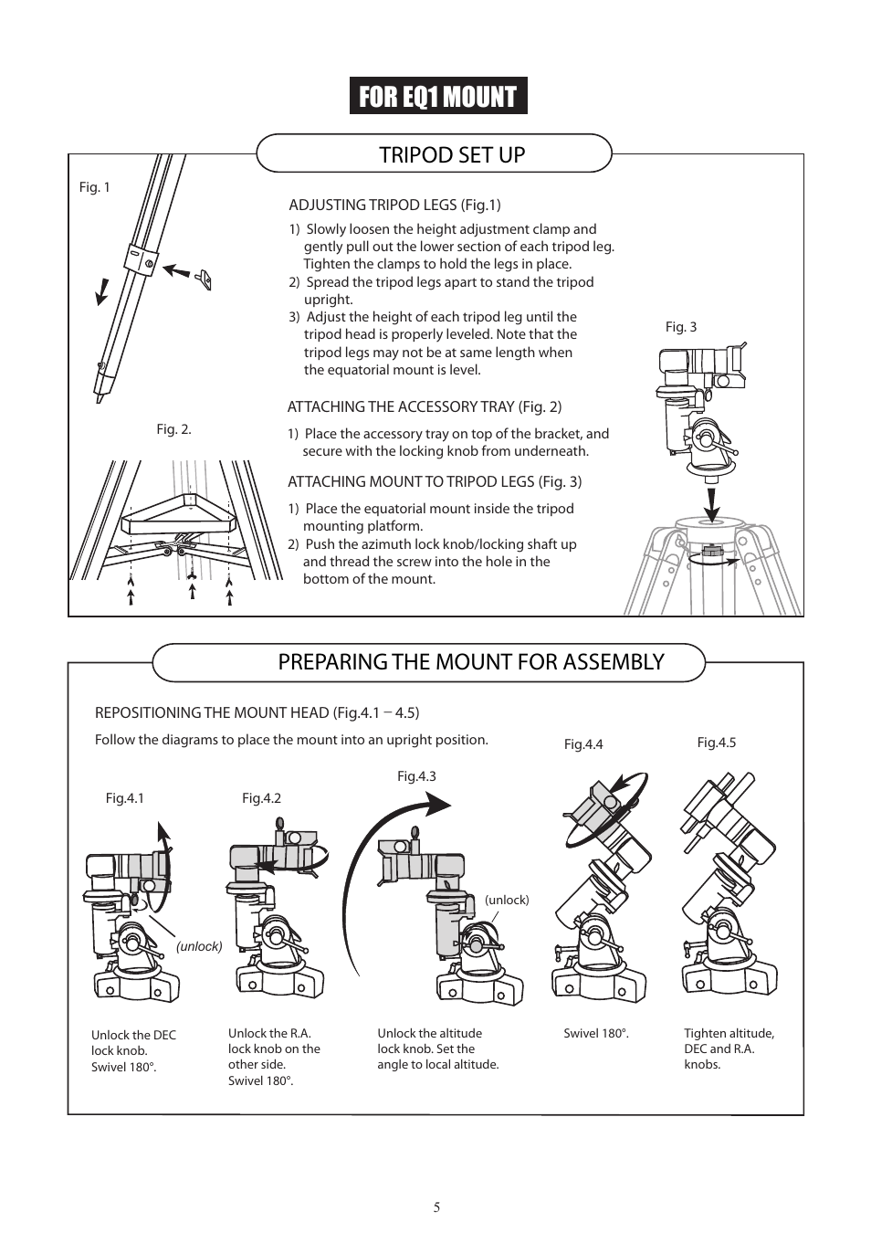 5_english, For eq1 mount, Tripod set up | Preparing the mount for assembly | Sky-Watcher EQ2 MOUNT User Manual | Page 5 / 24