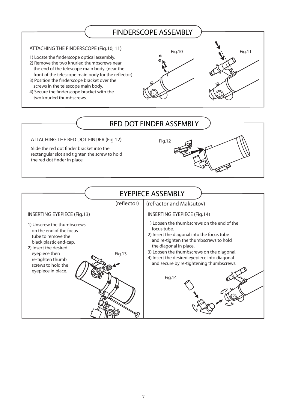 7_english, Eyepiece assembly, Finderscope assembly | Red dot finder assembly | Sky-Watcher EQ2 MOUNT User Manual | Page 7 / 24