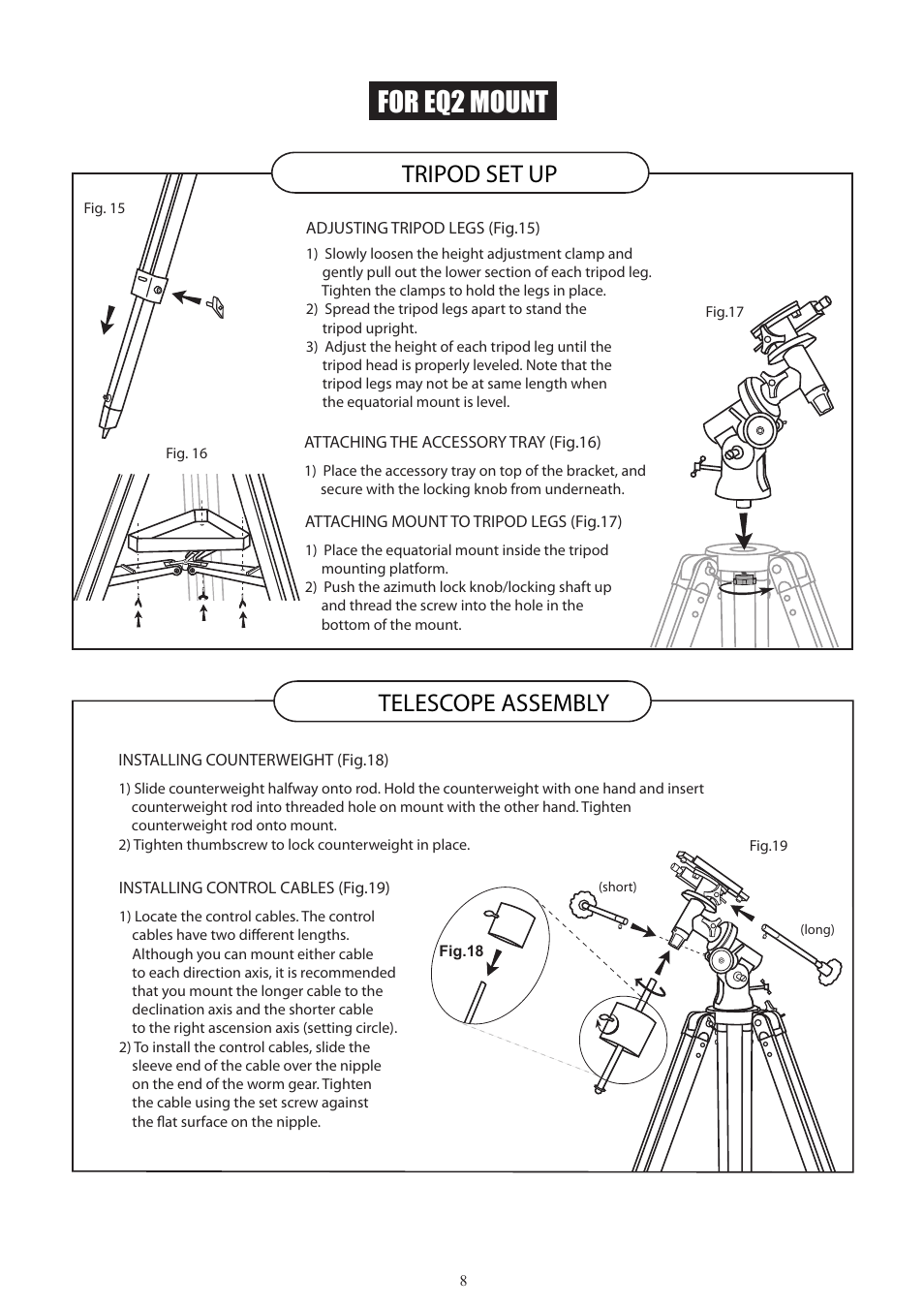 8_english, For eq2 mount, Telescope assembly | Tripod set up | Sky-Watcher EQ2 MOUNT User Manual | Page 8 / 24