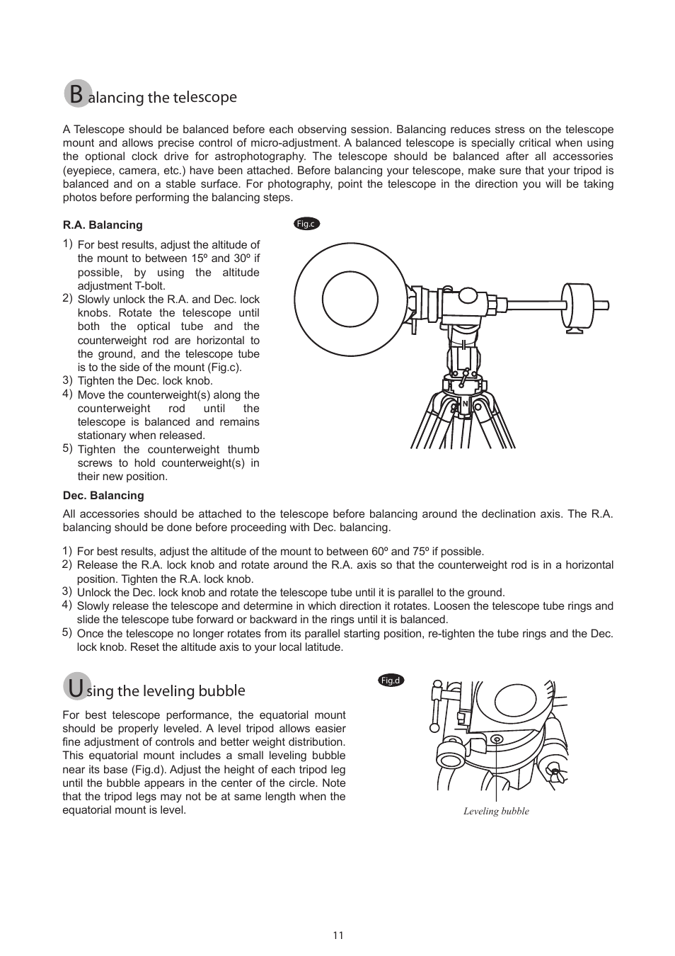 11 new_english, Sing the leveling bubble, Alancing the telescope | Sky-Watcher EQ5 MOUNT User Manual | Page 11 / 27