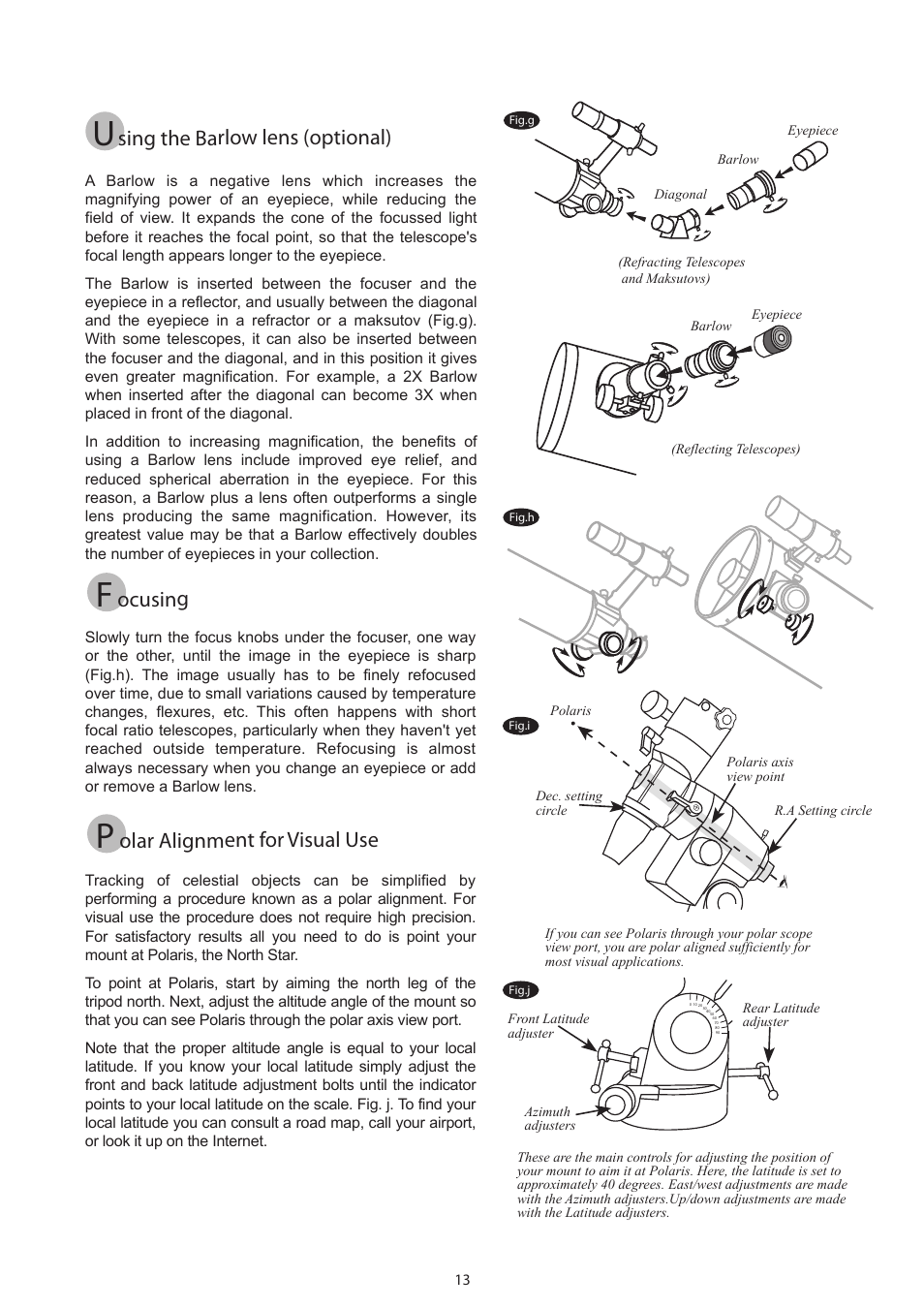 13 new new_english, Ocusing, Olar alignment for visual use | Sing the barlow lens (optional) | Sky-Watcher EQ5 MOUNT User Manual | Page 13 / 27