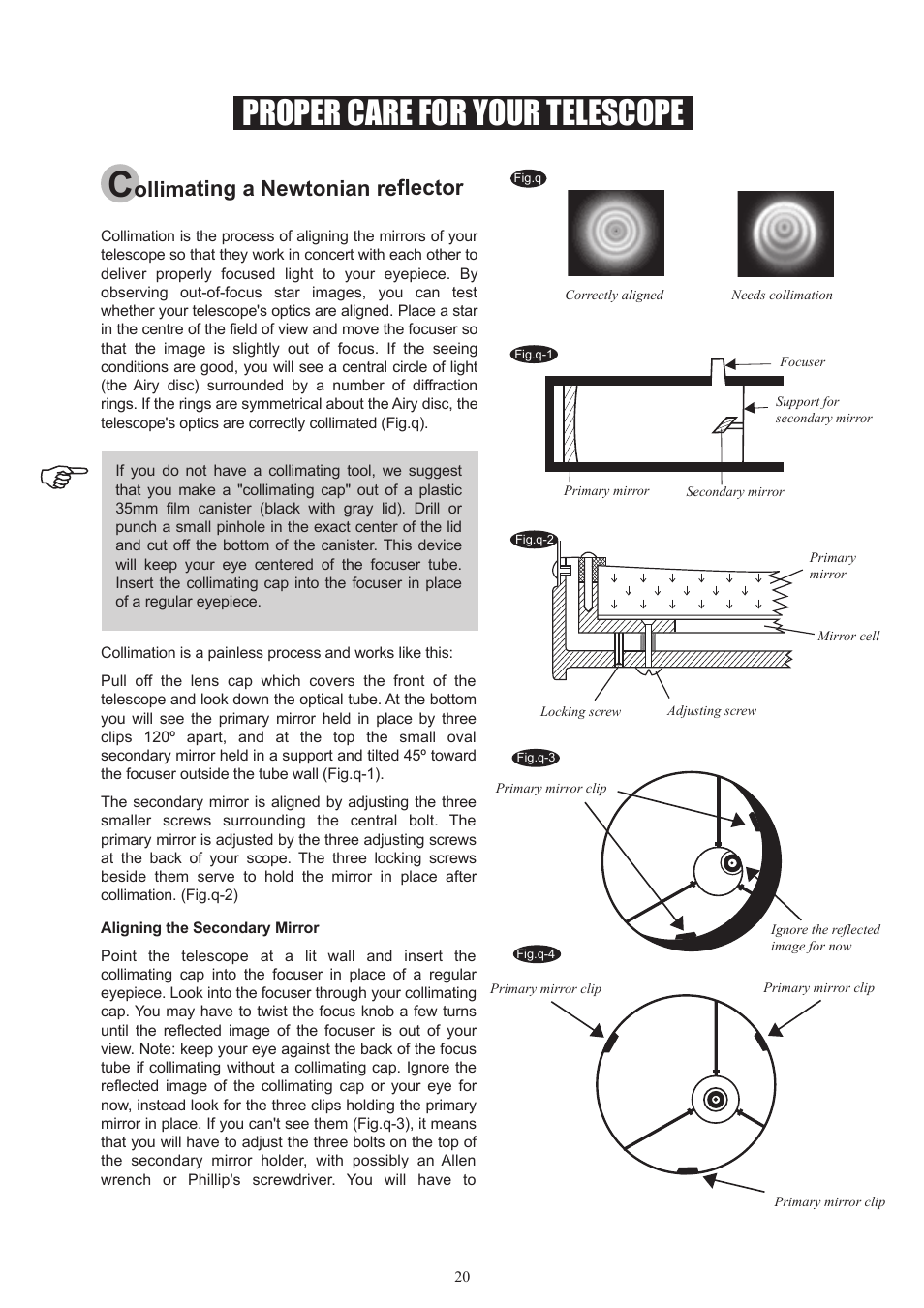 Proper care-collimating_english, Proper care for your telescope, Ollimating a newtonian reflector | Sky-Watcher EQ5 MOUNT User Manual | Page 20 / 27