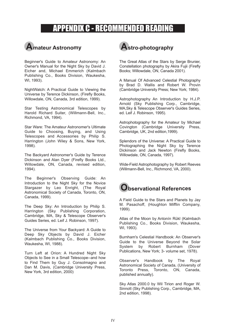 Recommended reading_english, Appendix c - recommended reading, Mateur astronomy | Stro-photography, Bservational references | Sky-Watcher EQ5 MOUNT User Manual | Page 26 / 27