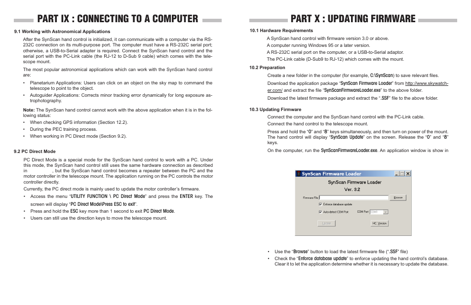 Part ix : connecting to a computer, Part x : updating firmware | Sky-Watcher EQ3GOTO MOUNT User Manual | Page 44 / 51