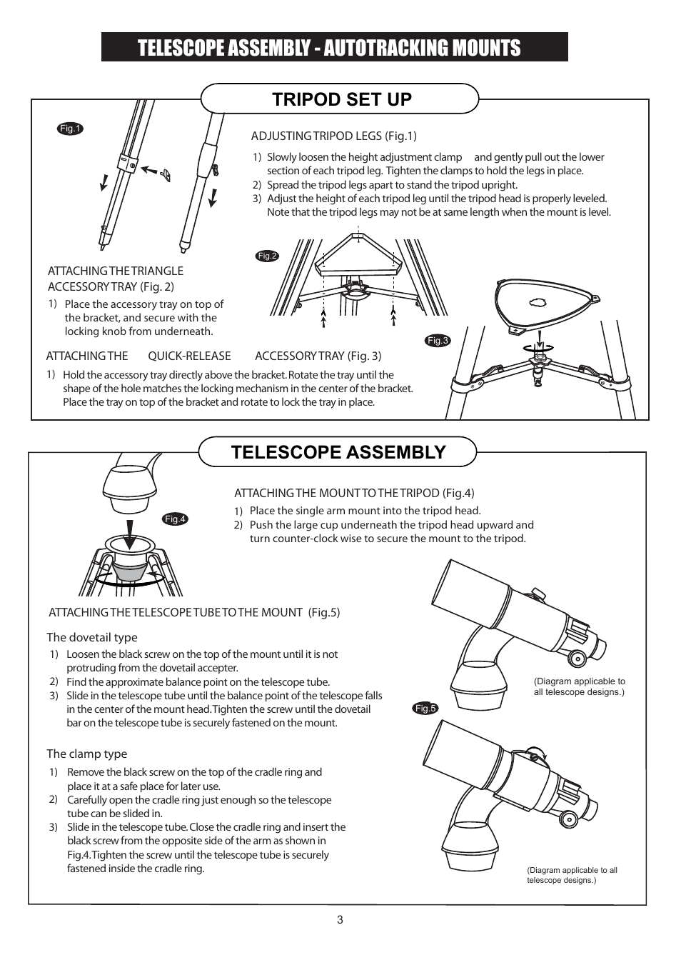 Telescope assembly - autotracking mounts, Tripod set up, Telescope assembly | Sky-Watcher AutoTracking114(old) User Manual | Page 3 / 11