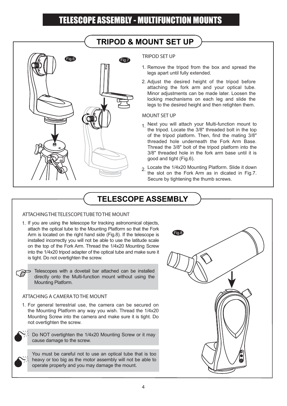 Telescope assembly - multifunction mounts, Telescope assembly, Tripod & mount set up | Sky-Watcher AutoTracking114(old) User Manual | Page 4 / 11