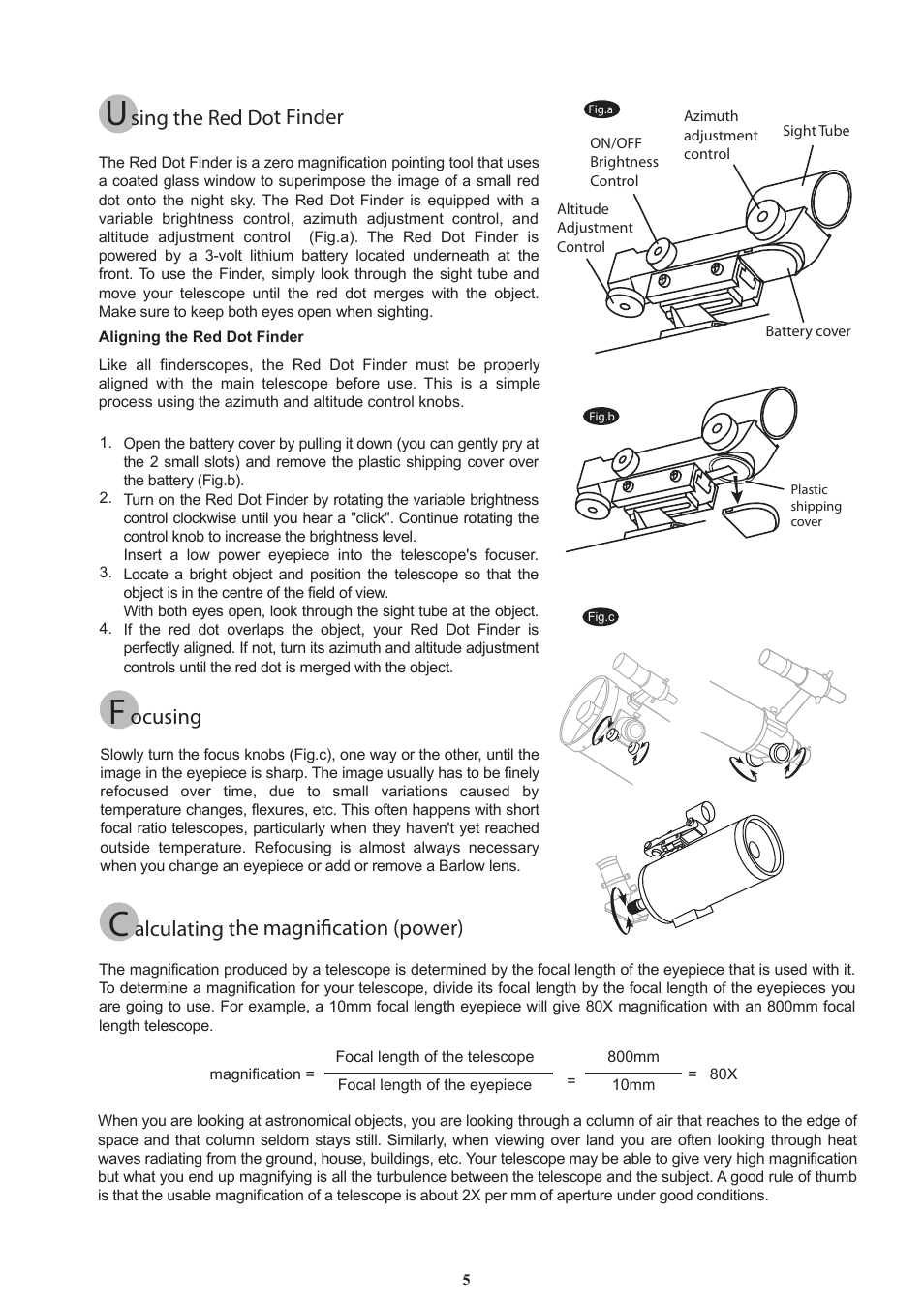 Ocusing, Alculating the magnification (power), Sing the red dot finder | Sky-Watcher AutoTracking114(old) User Manual | Page 5 / 11