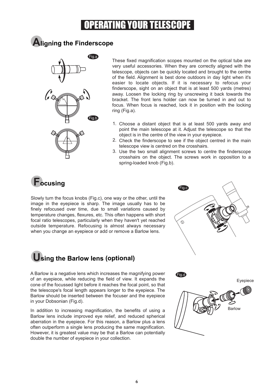 6_english, Operating your telescope, Ocusing | Ligning the finderscope, Sing the barlow lens (optional) | Sky-Watcher DOB10 User Manual | Page 6 / 12