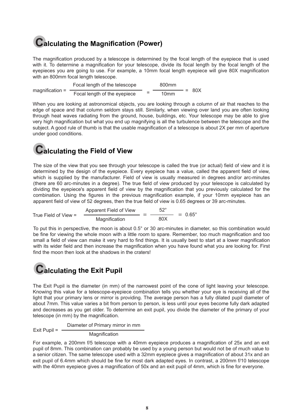 8_english, Alculating the field of view, Alculating the exit pupil | Alculating the magnification (power) | Sky-Watcher DOB10 User Manual | Page 8 / 12
