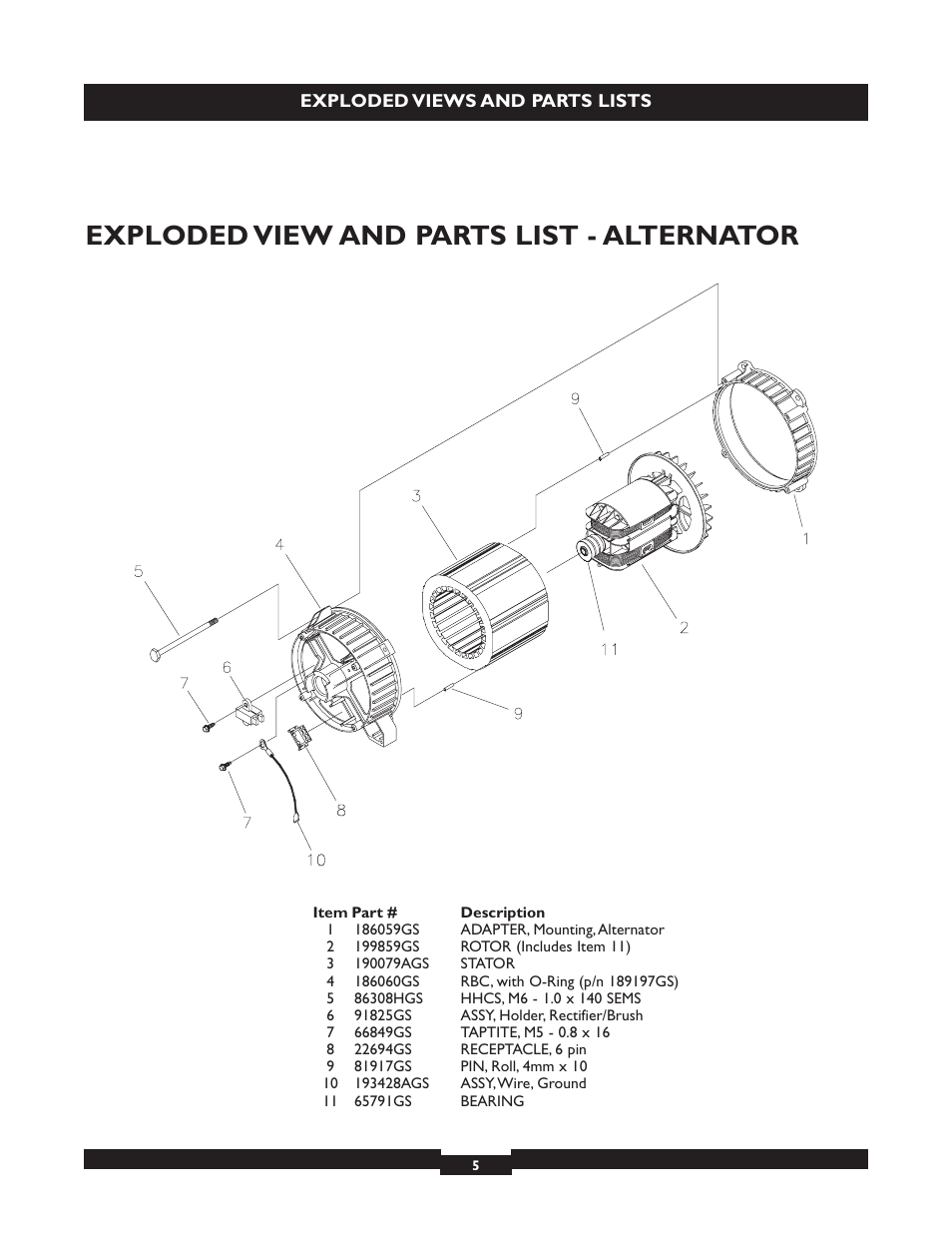 Exploded view and parts list - alternator | Briggs & Stratton 30205 User Manual | Page 5 / 5
