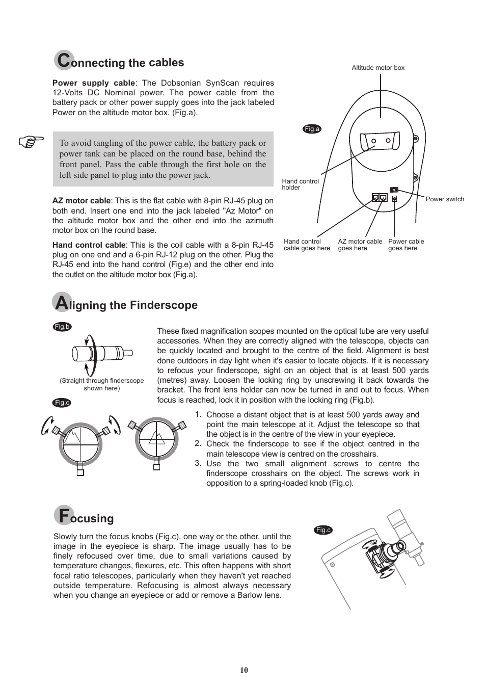 Onnecting the cables, Ligning the finderscope, Ocusing | Sky-Watcher DOB16 User Manual | Page 10 / 29