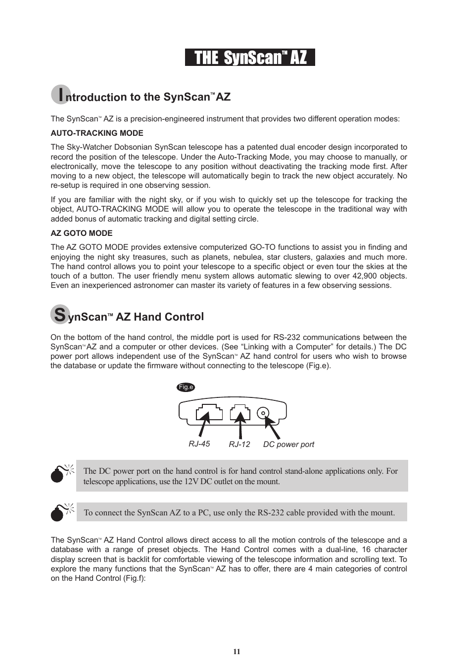 Ntroduction to the synscan, Ynscan, Az hand control | Sky-Watcher DOB16 User Manual | Page 11 / 29