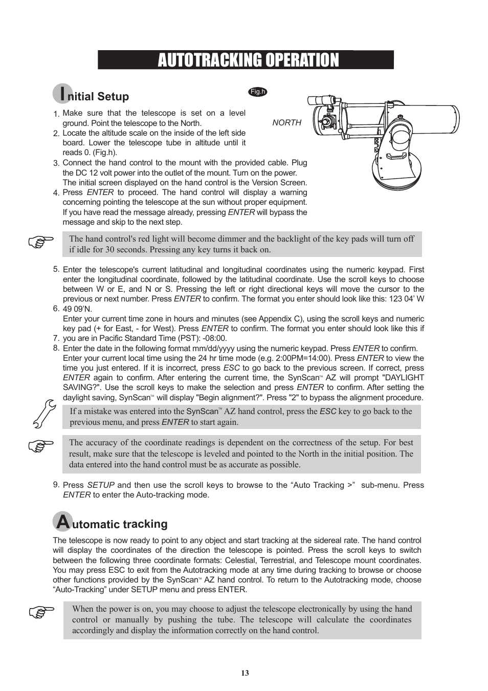 Autotracking operation, Nitial setup, Utomatic tracking | Sky-Watcher DOB16 User Manual | Page 13 / 29