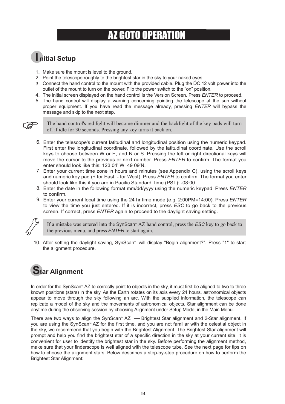 Az goto operation, Nitial setup, Tar alignment | Sky-Watcher DOB16 User Manual | Page 14 / 29