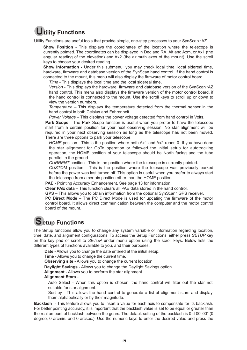 Tility functions, Etup functions | Sky-Watcher DOB16 User Manual | Page 19 / 29