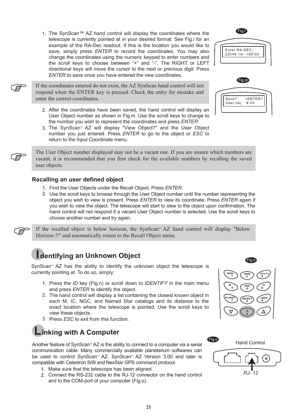 Dentifying an unknown object, Inking with a computer, Recalling an user defined object | Sky-Watcher DOB16 User Manual | Page 21 / 29