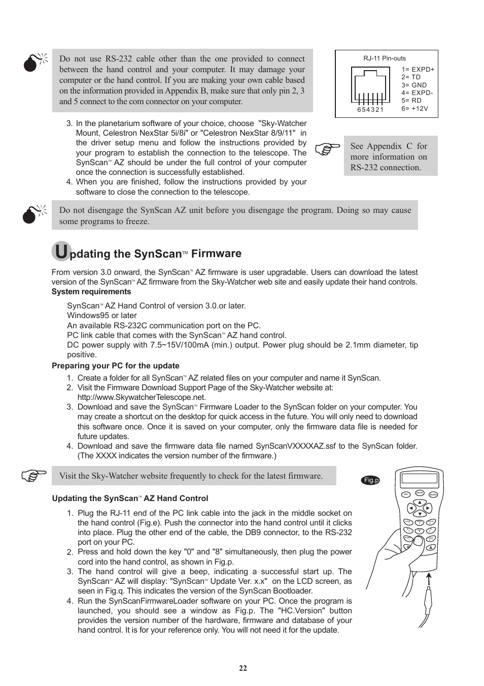 Pdating the synscan, Firmware, Az will display: "synscan | Az hand control | Sky-Watcher DOB16 User Manual | Page 22 / 29